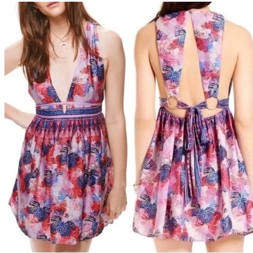 Free People Pink Purple Daydream Printed Mini Dress Size Medium Fairy Boho